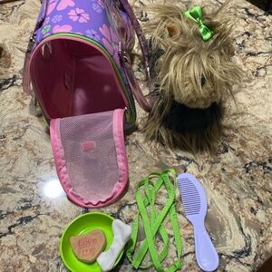 Pucci Pups 9" Puppy in green Leash with Heart and Flowers Carrier comb bowl toys